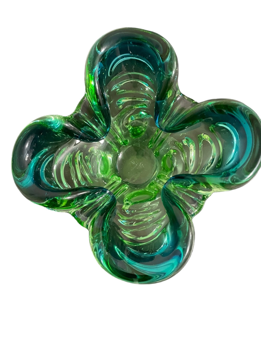 MCM Signed Chalet Handblown Green to Blue Four Petal Glass Bowl